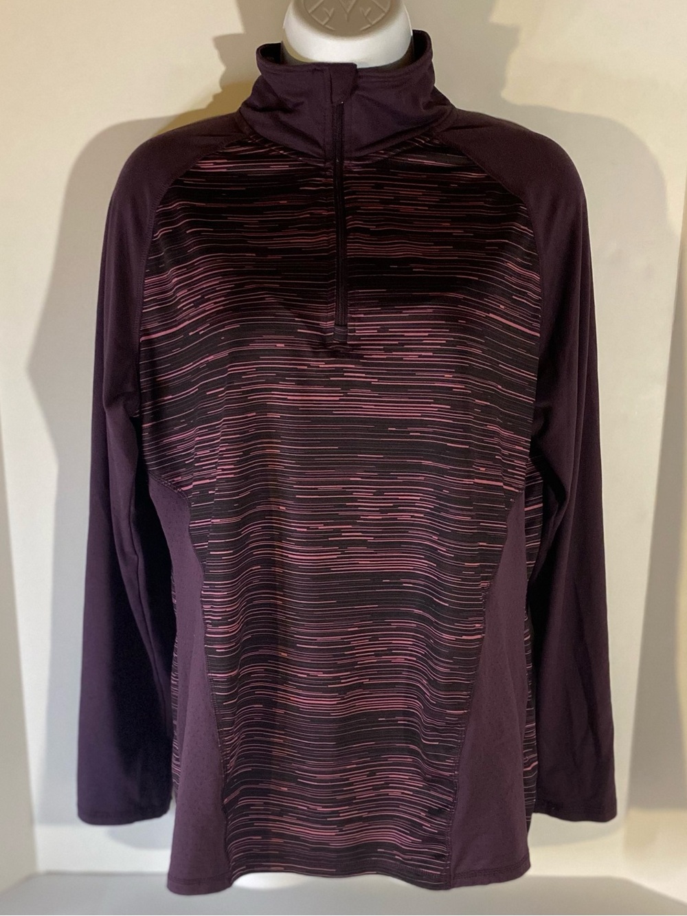 Women's Quarter-Zip Pullover in Plum with Pink Stripe Pattern